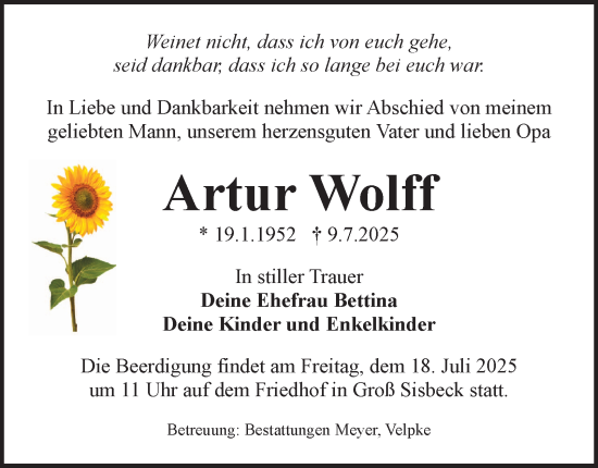 Traueranzeige von Artur Wolff von Helmstedter Nachrichten