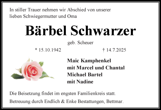 Traueranzeige von Bärbel Schwarzer 