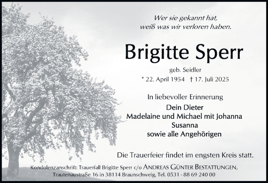 Traueranzeige von Brigitte Sperr 