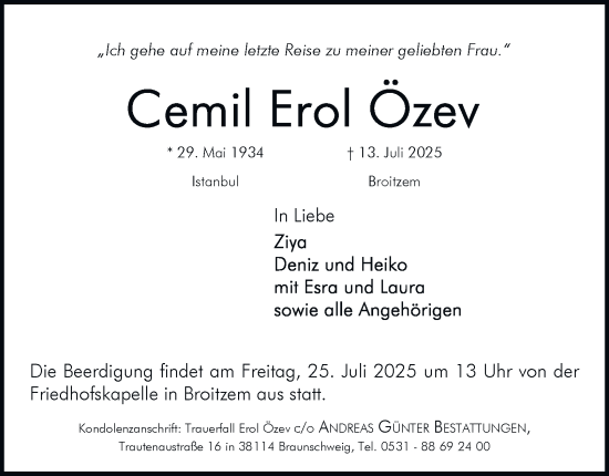 Traueranzeige von Cemil Erol Özev 