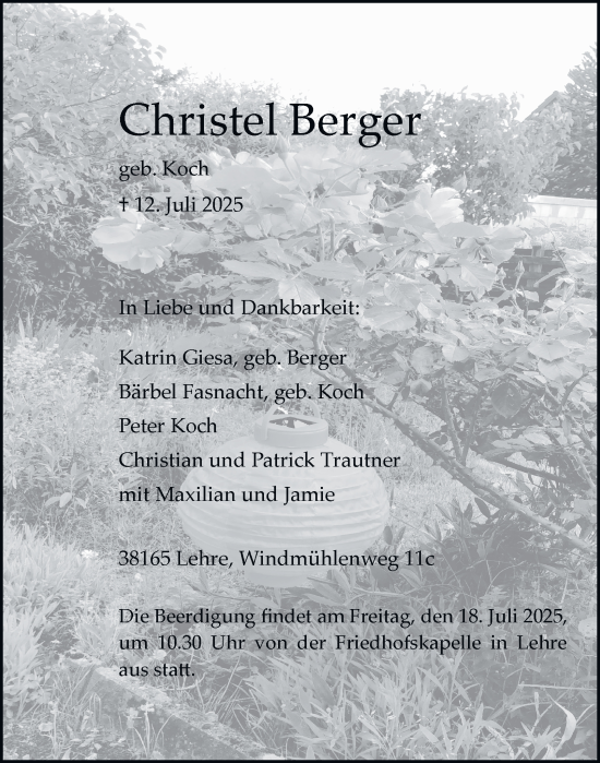 Traueranzeige von Christel Berger von Helmstedter Nachrichten