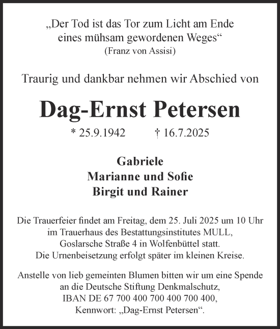 Traueranzeige von Dag-Ernst Petersen von Wolfenbütteler Zeitung