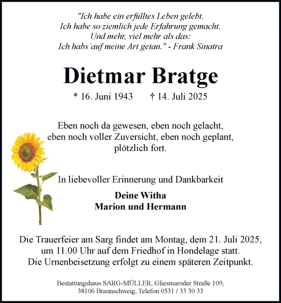 Traueranzeige von Dietmar Bratge 