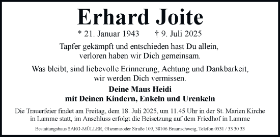 Traueranzeige von Erhard Joite 