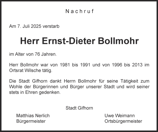 Traueranzeige von Ernst-Dieter Bollmohr 