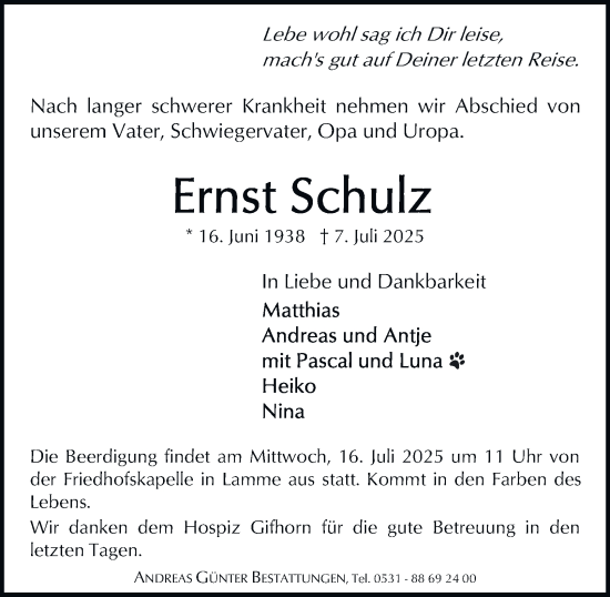 Traueranzeige von Ernst Schulz 