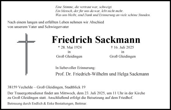 Traueranzeige von Friedrich Sackmann 