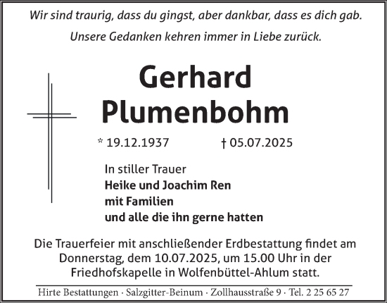 Traueranzeige von Gerhard Plumenbohm von Wolfenbütteler Zeitung