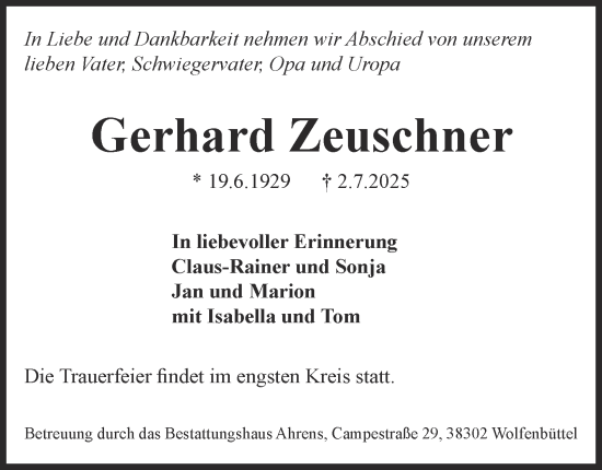 Traueranzeige von Gerhard Zeuschner von Wolfenbütteler Zeitung