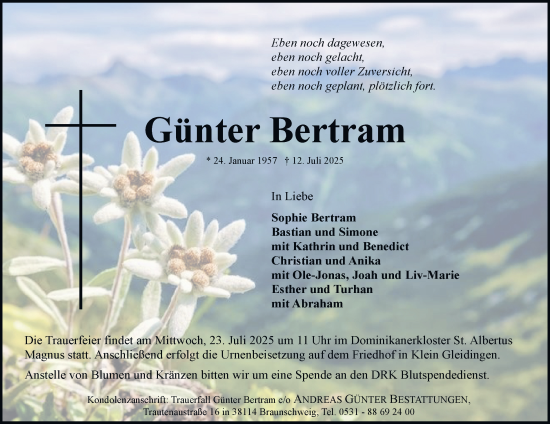 Traueranzeige von Günter Bertram 