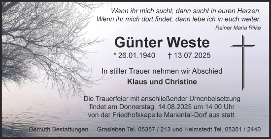 Traueranzeige von Günter Weste von Helmstedter Nachrichten