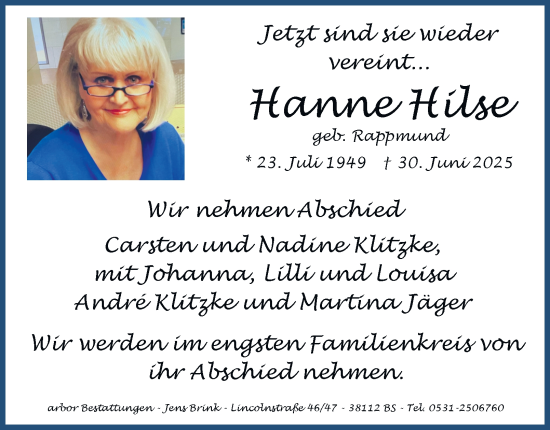 Traueranzeige von Hanne Hilse 