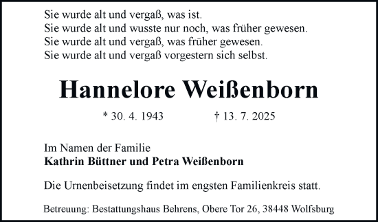 Traueranzeige von Hannelore Weißenborn 