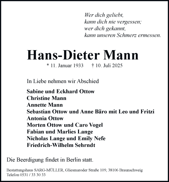 Traueranzeige von Hans-Dieter Mann 
