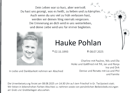 Traueranzeige von Hauke Pohlan 