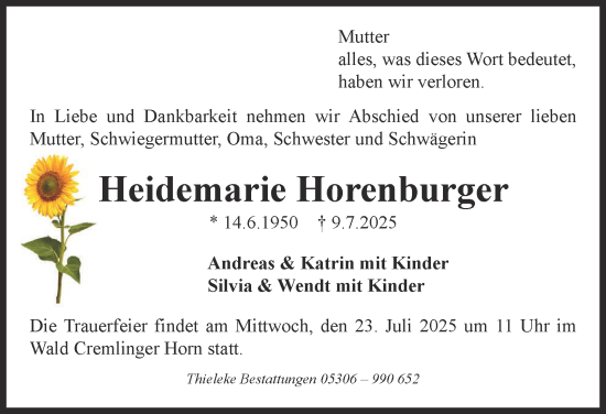 Traueranzeige von Heidemarie Horenburger 