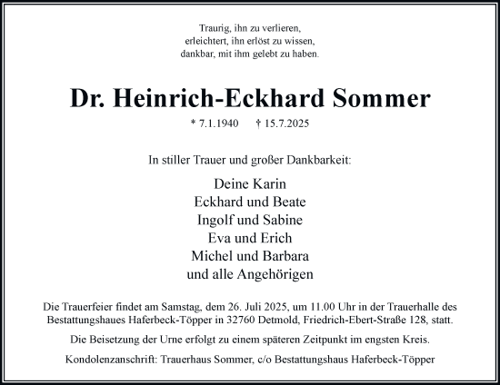 Traueranzeige von Heinrich-Eckhard Sommer von Helmstedter Nachrichten