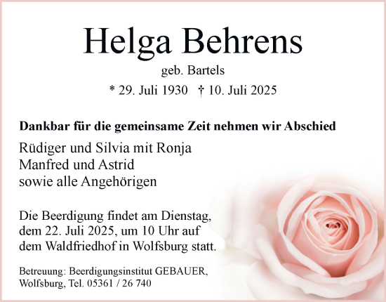 Traueranzeige von Helga Behrens 