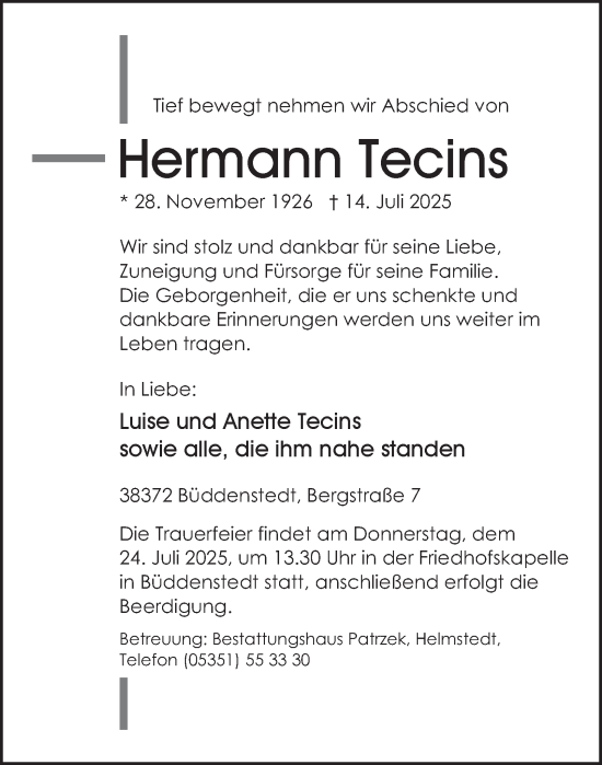 Traueranzeige von Hermann Tecins von Helmstedter Nachrichten
