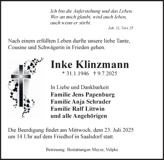 Traueranzeige von Inke Klinzmann von Helmstedter Nachrichten