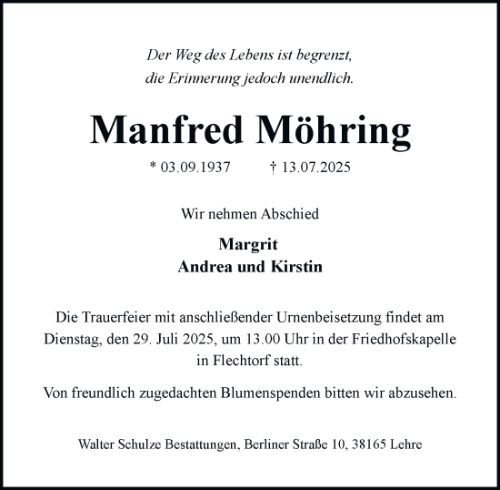 Traueranzeige von Manfred Möhring 