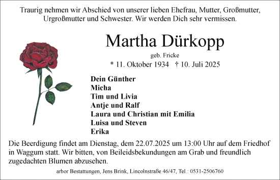Traueranzeige von Martha Dürkopp 