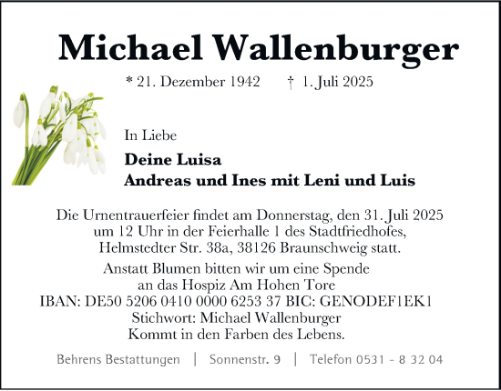Traueranzeige von Michael Wallenburger 