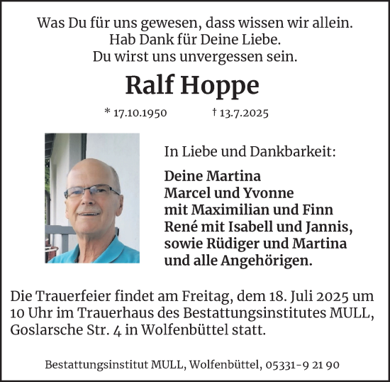 Traueranzeige von Ralf Hoppe von Wolfenbütteler Zeitung