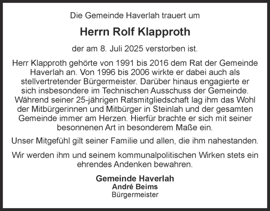 Traueranzeige von Rolf Klapproth von Salzgitter-Zeitung