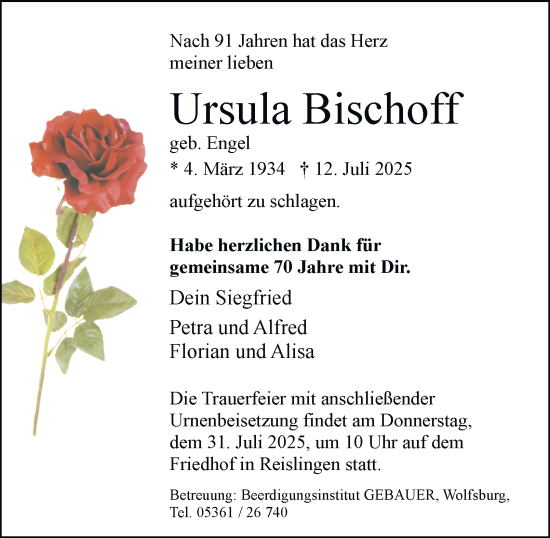 Traueranzeige von Ursula Bischoff 