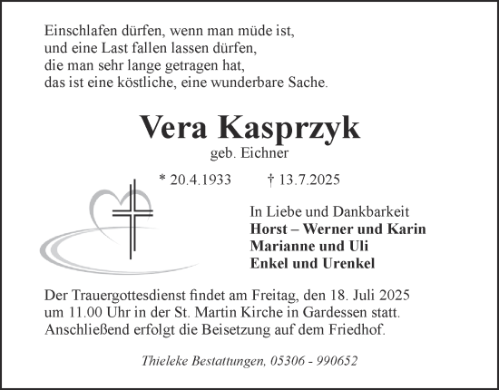 Traueranzeige von Vera Kasprzyk 