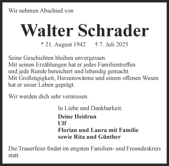 Traueranzeige von Walter Schrader 