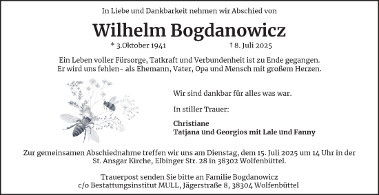 Traueranzeige von Wilhelm Bogdanowicz von Wolfenbütteler Zeitung