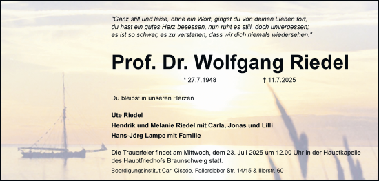 Traueranzeige von Wolfgang Riedel 