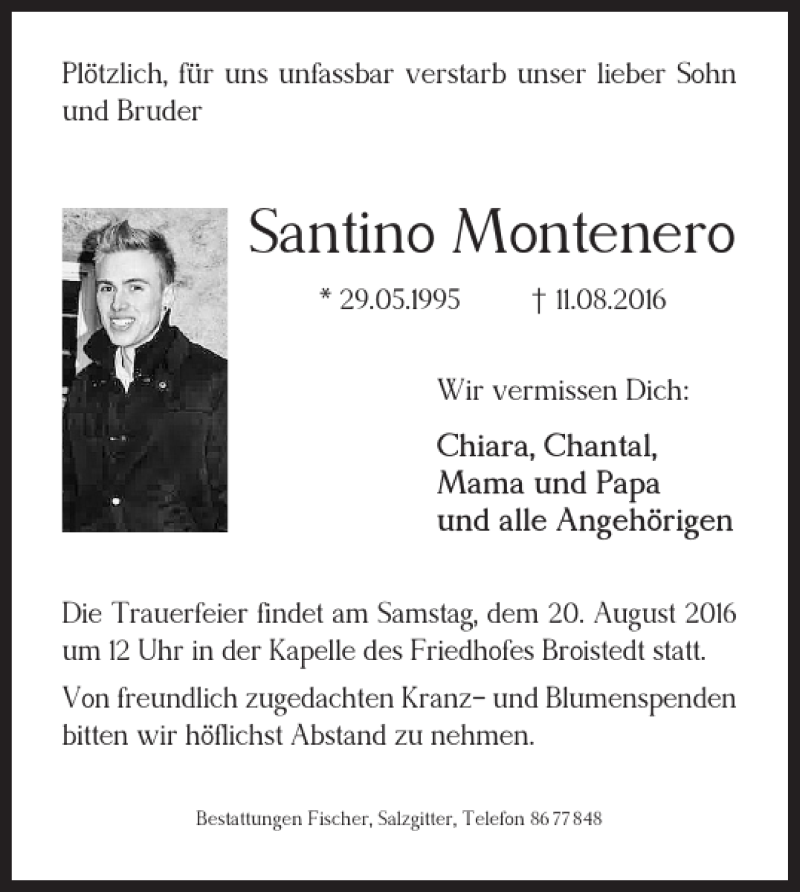 Traueranzeige für Santino Montenero vom 19.08.2016 aus Peiner Nachrichten