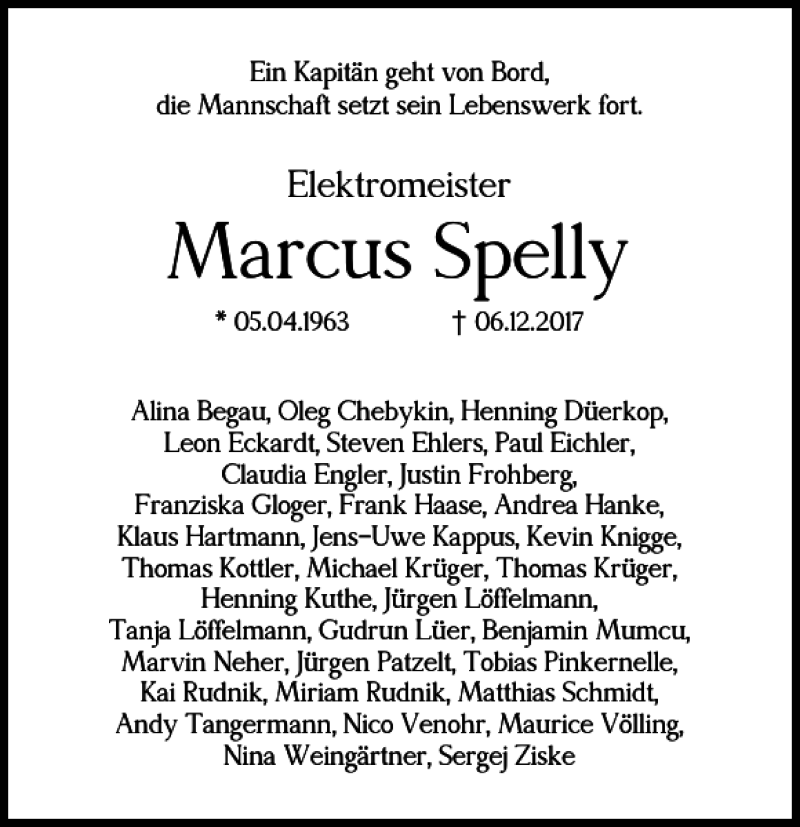  Traueranzeige für Marcus Spelly vom 09.12.2017 aus Helmstedter Nachrichten