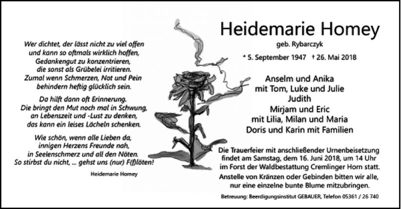  Traueranzeige für Heidemarie Homey vom 02.06.2018 aus Wolfsburger Nachrichten