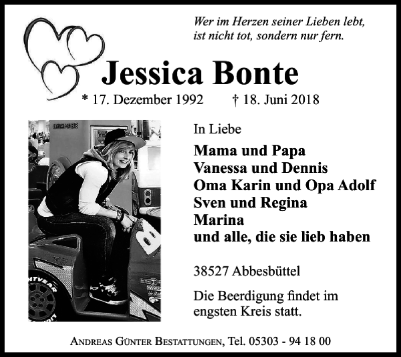  Traueranzeige für Jessica Bonte vom 23.06.2018 aus Braunschweiger Zeitung