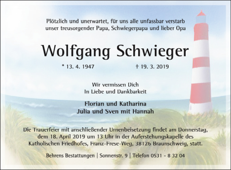  Traueranzeige für Wolfgang Schwieger vom 29.03.2019 aus Braunschweiger Zeitung