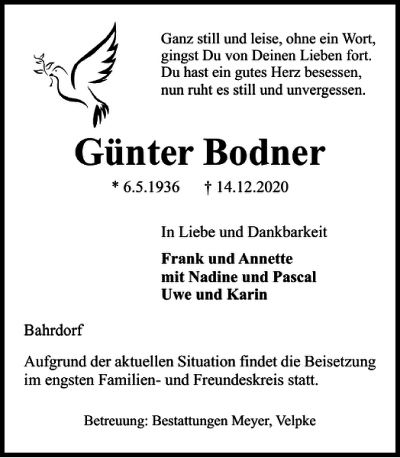  Traueranzeige für Günter Bodner vom 19.12.2020 aus Helmstedter Nachrichten