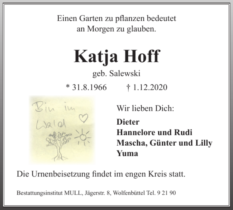  Traueranzeige für Katja Hoff vom 05.12.2020 aus Braunschweiger Zeitung