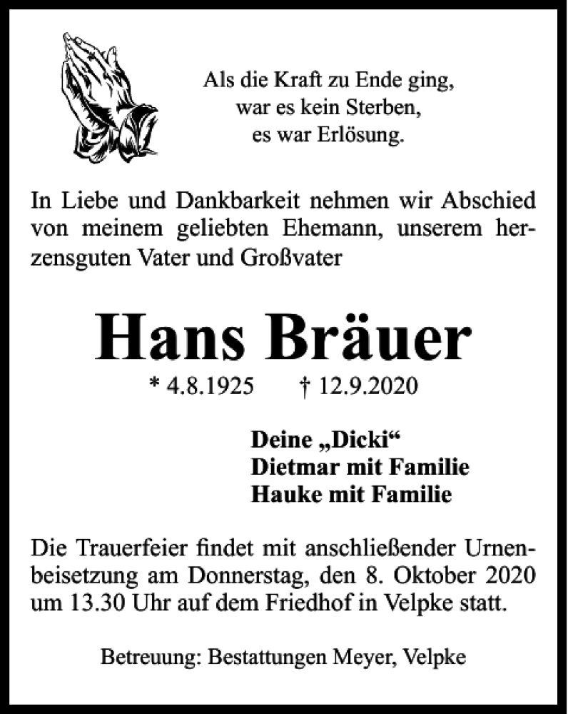  Traueranzeige für Hans Bräuer vom 26.09.2020 aus Helmstedter Nachrichten