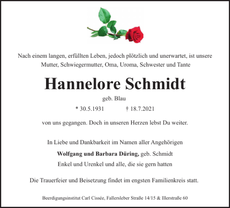  Traueranzeige für Hannelore Schmidt vom 30.07.2021 aus Braunschweiger Zeitung