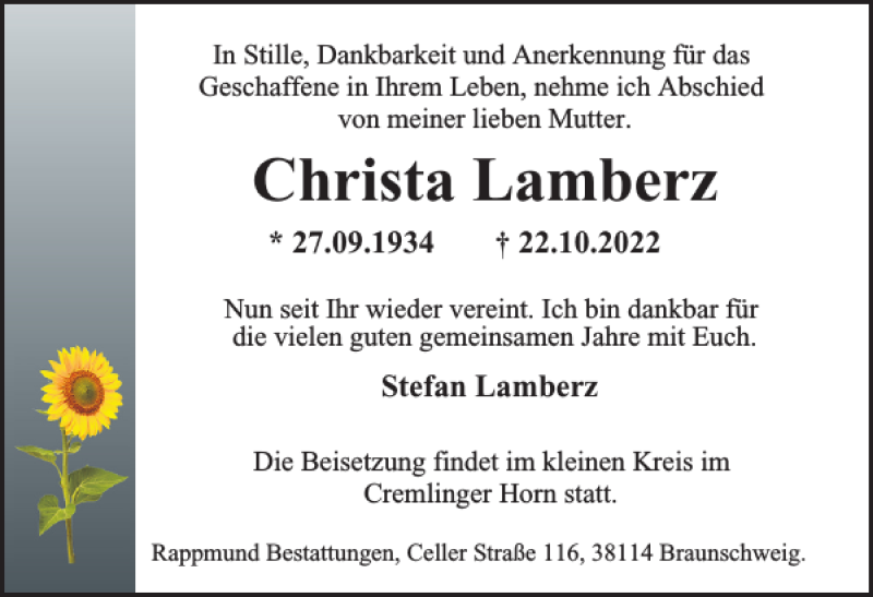  Traueranzeige für Christa Lamberz vom 29.10.2022 aus Braunschweiger Zeitung