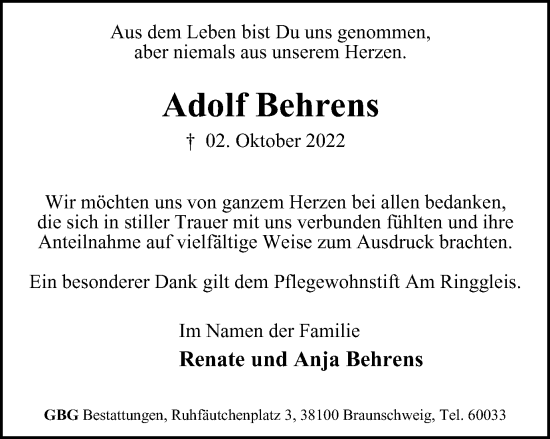 Traueranzeige von Adolf Behrens von Braunschweiger Zeitung
