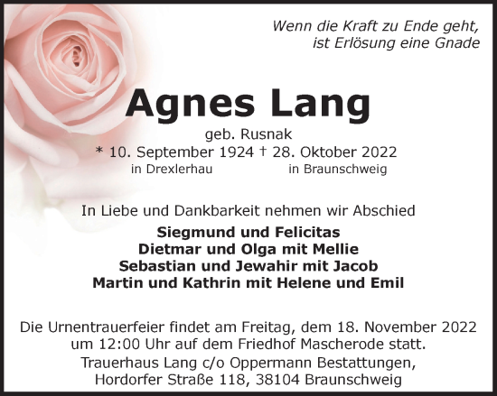 Traueranzeige von Agnes Lang von Braunschweiger Zeitung