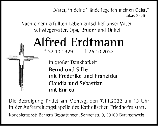Traueranzeige von Alfred Erdtmann von Braunschweiger Zeitung