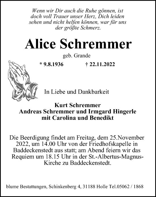 Traueranzeige von Alice Schremmer von Salzgitter-Zeitung