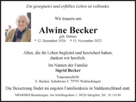 Traueranzeige von Alwine Becker von Salzgitter-Zeitung