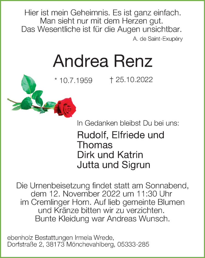  Traueranzeige für Andrea Renz vom 05.11.2022 aus Braunschweiger Zeitung